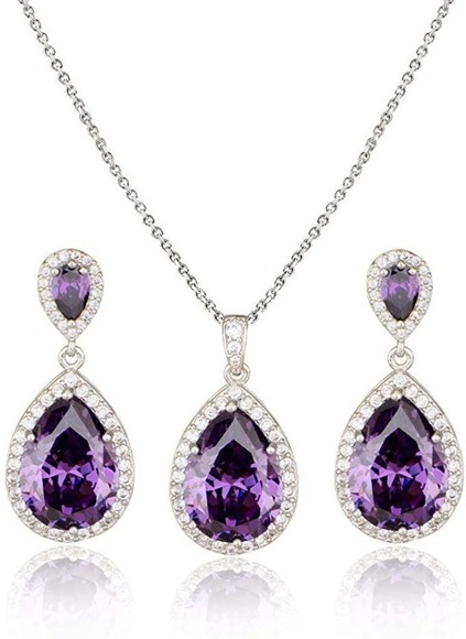 18k Plated Amethyst Teardrop CZ Crystal Zircon Rhinestone Necklace Earrings Set - Picture 6 of 6
